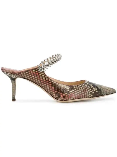 Jimmy Choo Bing 65 Rosewood Mix Python Mules With Crystal Strap In Neutrals