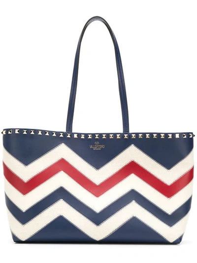 Valentino Garavani Small Chevron Motif Rockstud Shopping Bag In Blue