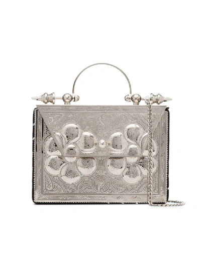 Okhtein Silver Palmette Minaudière Embossed Metal And Leather Cross Body Bag In Metallic