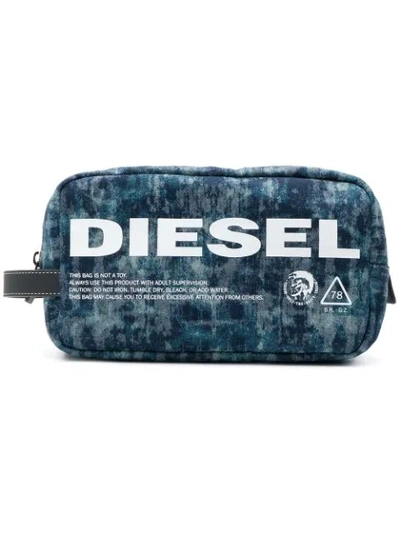 Diesel Zipped Pouch In Lasered Denim In Blue