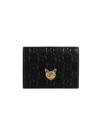 Gucci Signature Card Case With Cat In Black