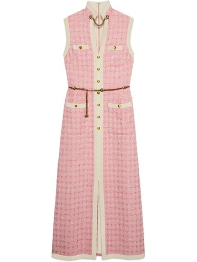 Gucci Sleeveless Long Tweed Dress With Chain Belt In Pink