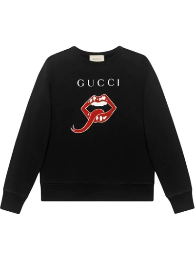 Gucci Mouth-print Cotton Hooded Sweatshirt In Black