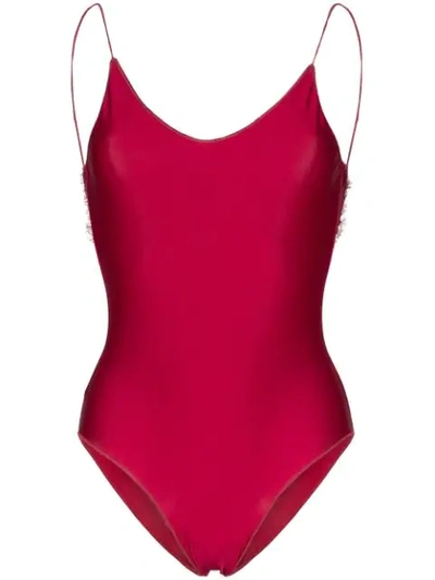 Oseree Travaille Lace Trim Swimsuit In Red