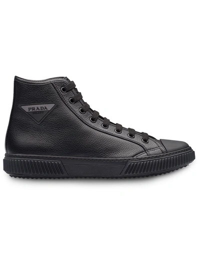 Prada Logo-patch High-top Leather Sneakers In Black