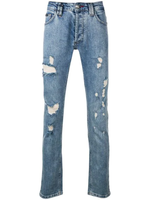 Philipp Plein Distressed Skinny Jeans In Blue | ModeSens