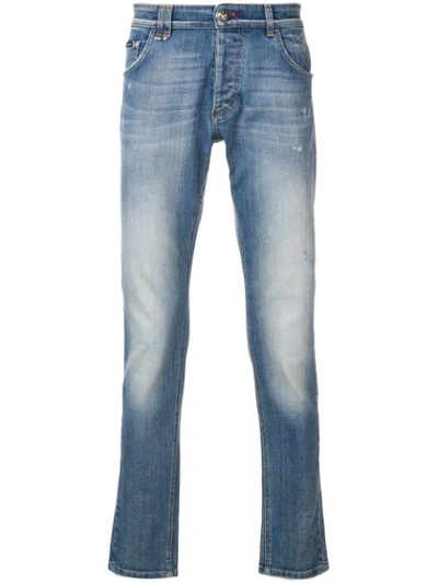 Philipp Plein Faded Slim-fit Jeans In Blue