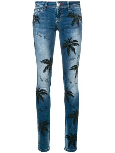 Philipp Plein Palm Tree Print Jeans In Blue