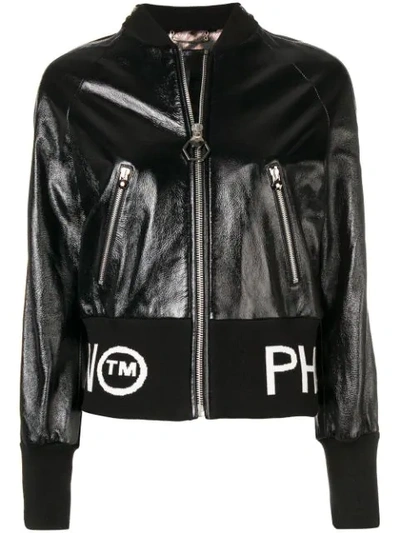 Philipp Plein Leather Bomber Jacket In Black