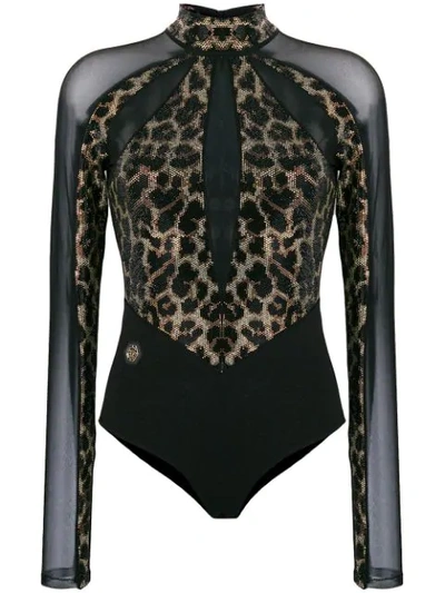 Philipp Plein Leopard Sheer Bodysuit In Black