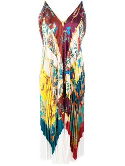 Ferragamo Printed Pleated Silk Dress In Petrol