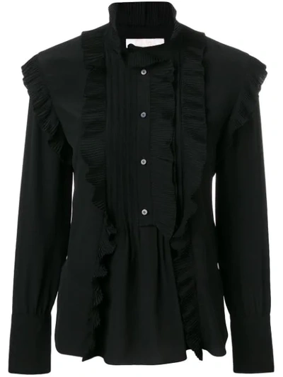 Chloé Pleated Trim High Neck Blouse In Black