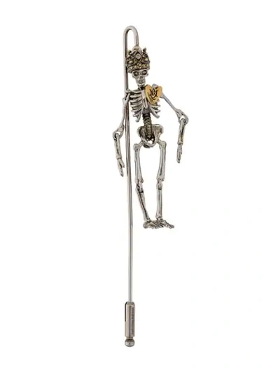 Alexander Mcqueen Skeleton Pendant Pin, Silver In Grey
