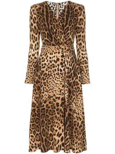 Dolce & Gabbana Leopard Print Flared Dress In Brown