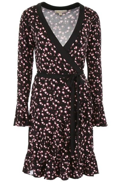 Michael Michael Kors Rose Print Wrap Dress In Black,pink