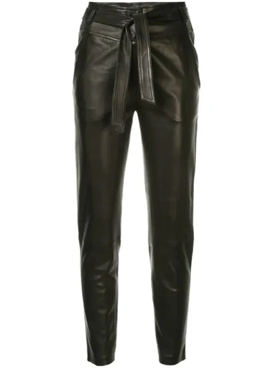 Veronica Beard Faxon Belted Straight Leg Leather Pants In Black