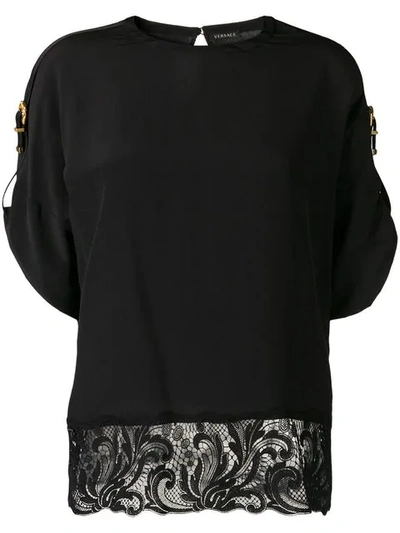 Versace Lace Trim Buckle Sleeve T In Black