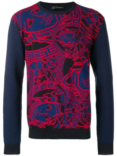 Versace Jacquard Knit Sweater In Blue