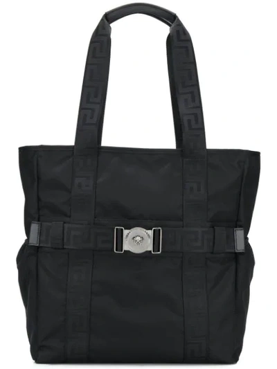 Versace Men's Greek Chain Nylon Tote Bag In Black