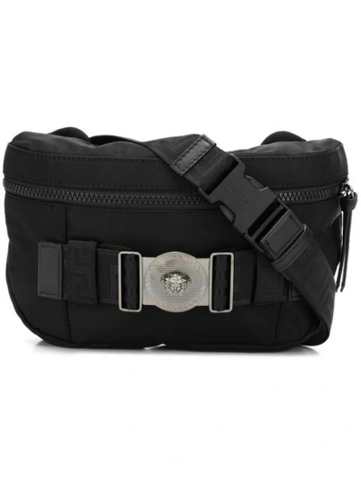 Versace Men's Logo-medallion Nylon Belt Bag In Black  Ruthenium