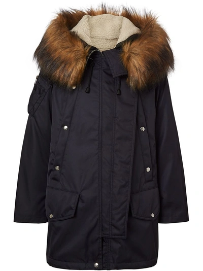 Burberry Faux Fur Trim Parka With Detachable Warmer In Blue