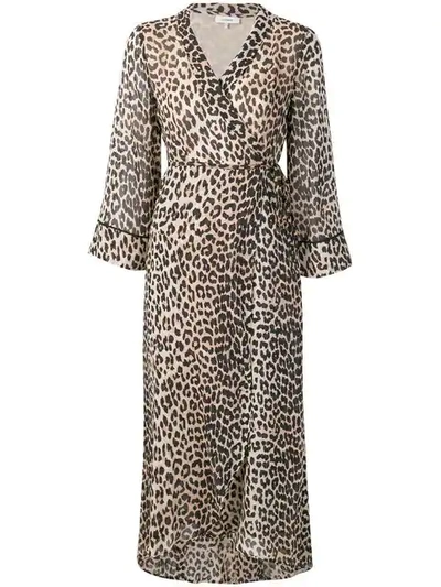 Ganni Mullin Leopard Georgette Wrap Dress In Brown