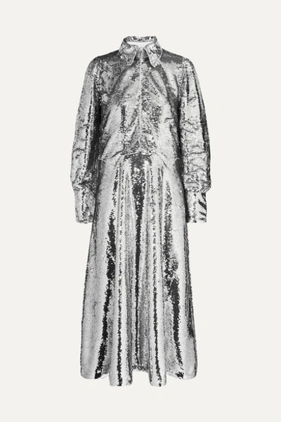 Ganni Sonora Sequinned Midi Dress In Silver