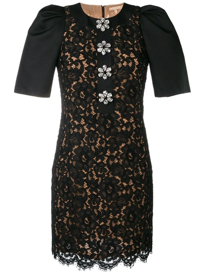 Michael Kors Short-sleeve Floral-lace Body-con Mini Cocktail Dress W/ Crystalized Buttons In Black