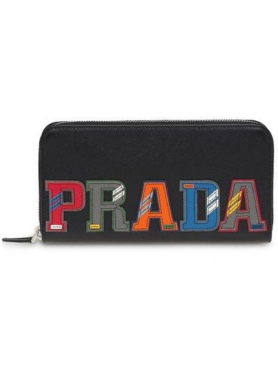 Prada Logo Patch Continental Wallet In Black