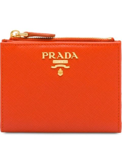 Prada Logo-plaque Top-zip Wallet In Orange