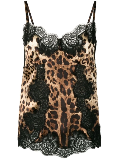 Dolce & Gabbana Satin Top In Leopard Print With Shoulder Straps And Lace Detail In Animal Print