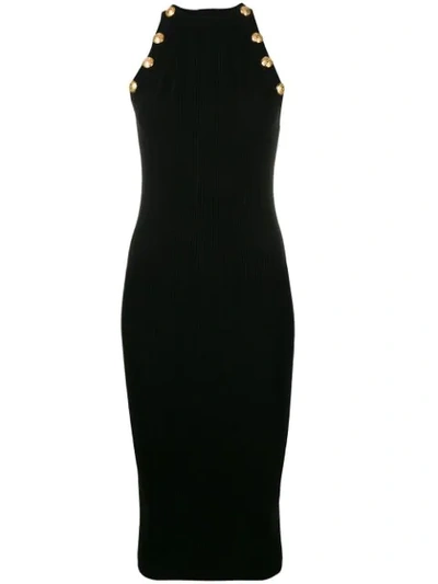 Balmain Crest-embossed Button Wool-blend Halterneck Dress In Black