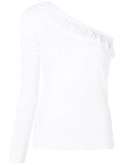 Red Valentino One-shoulder Ruffled Ribbed Cotton-blend Jersey Top In White