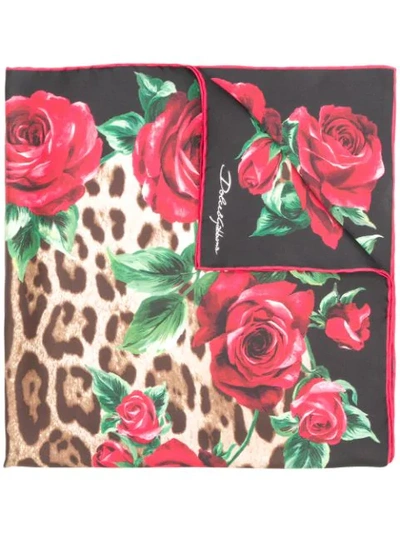 Dolce & Gabbana Leopard Rose Print Square Scarf In Black