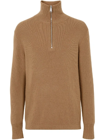 Burberry Rib Knit Cashmere Half-zip Sweater In Neutrals