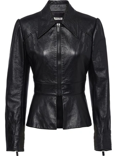 Miu Miu Glossed-leather Peplum Jacket In Black