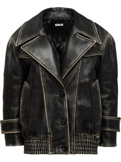 Miu Miu Oversized Vintage Leather Jacket In Black