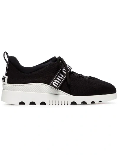 Miu Miu Black Low Top Lace Up Fabric Sneakers In F0002 Black