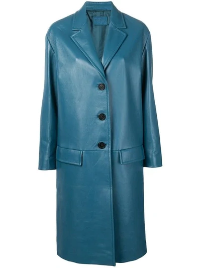 Prada Oversized Textured-leather Coat In Blue
