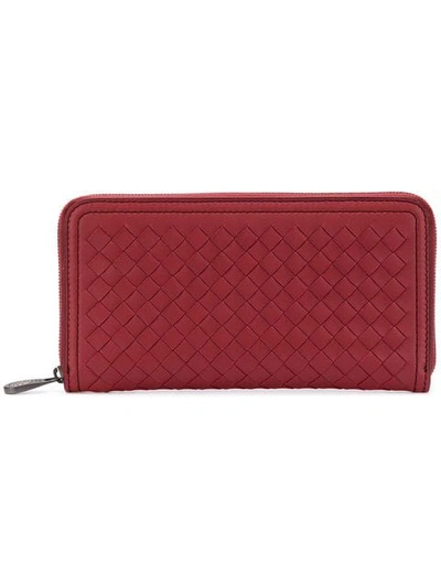 Bottega Veneta Intrecciato Weave Zip-around Wallet In Red