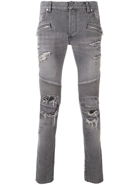 Balmain Skinny Distressed Biker Jeans In Grey | ModeSens