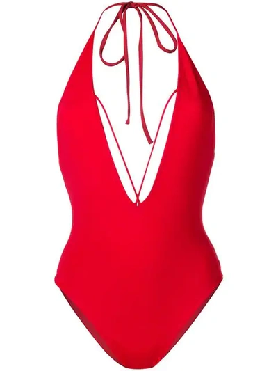 Angelys Balek Deep V Neck Swimsuit In Red