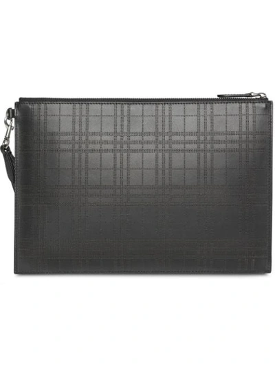 Burberry Perforated Check Leather Zip Pouch In Black