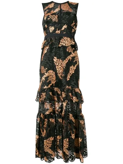 Three Floor Embroidered Tiered Dress In Black