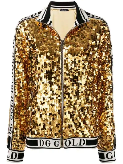 Dolce & Gabbana Branded Sequinned Bomber Jacket In Gold