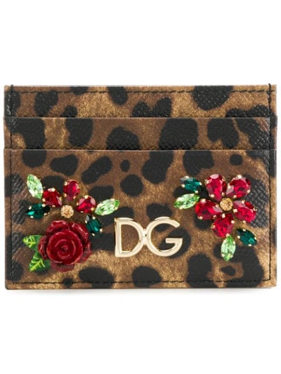 Dolce & Gabbana Rose Appliqué Cardholder In Brown