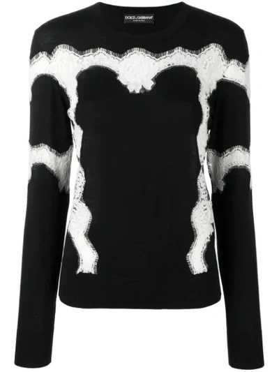 Dolce & Gabbana Sweater In Wool And Cotton With Lace In Black