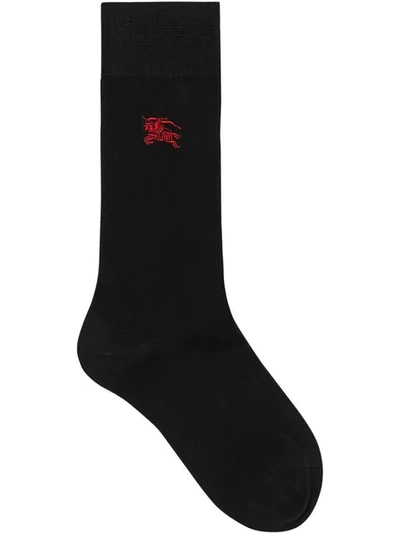 Burberry Embroidered Ekd Cotton Blend Socks In Black