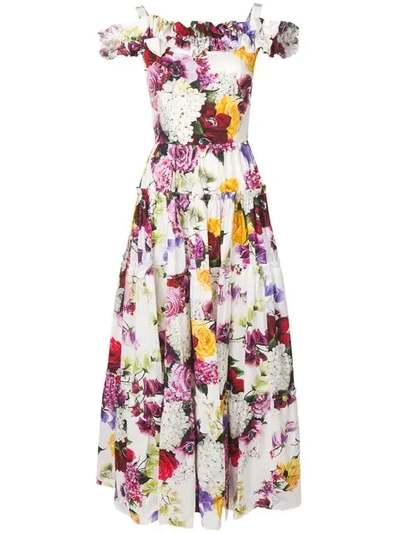 Dolce & Gabbana Floral Print Cold Shoulder Long Length Dress In Basic