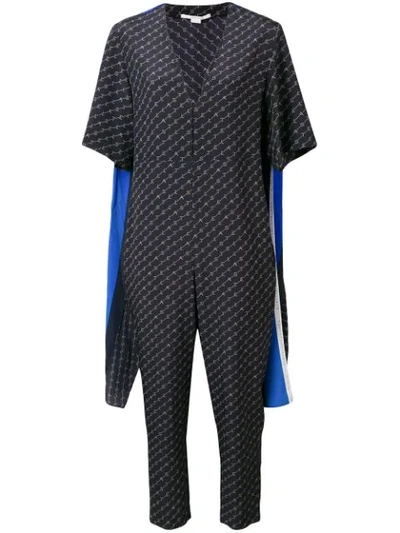 Stella Mccartney Scarf-back V-neck Monogram-print Silk Jumpsuit In Blue